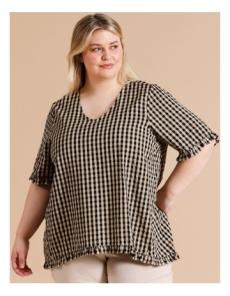 Myer - Frill Hem and Short Sleeve Top in Black/Neutral Gingham