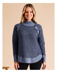 Myer - Recycled Polyester Blend Button Side Neck Curved Hem Jumper In Navy Blue Jacquard