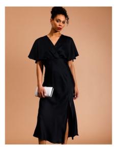 Myer - Recycled Satin Cape Sleeve Midi Dress in Black